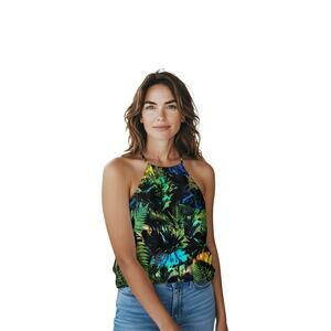 H&M Tropical Fauna Tigers Jungle Choker Neck Lightweight Colorful Top, Size 6